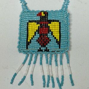Handcrafted Native American Beaded Pouch Necklace with Thunderbird Design